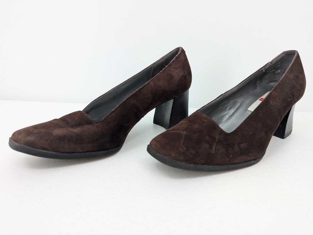 Vintage Pesaro Brown Suede Block Heel Square Toe Pumps, Womens Size 8.5, Y2K